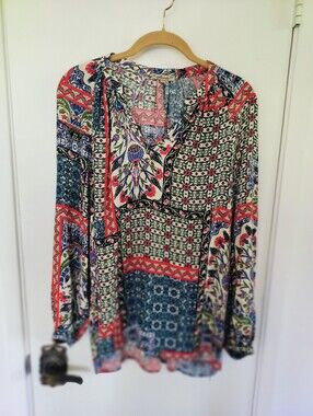 Soirée Boho Patchwork Tile Print Tunic Blouse Medium V-Neck Long Sleeve Viscose